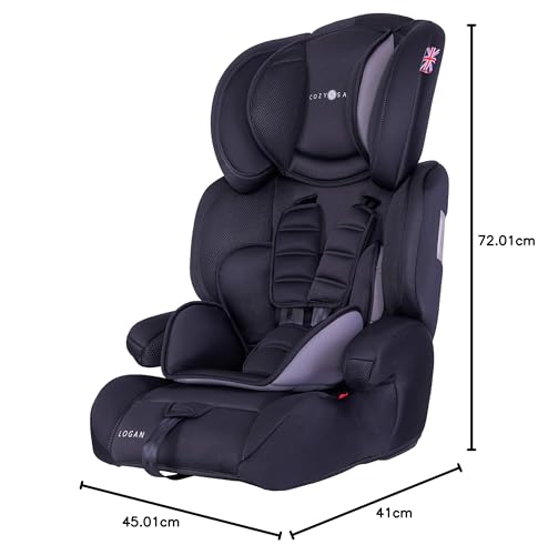 Cozy N Safe Logan Group 1/2/3 Car Seat 9-36kg, 9 Months to 12 Years, 5 Point Harness, Forward Facing, Side Impact Protection, Adjustable Headrest, Lightweight, Child, Toddler Car Seat - Black/Grey