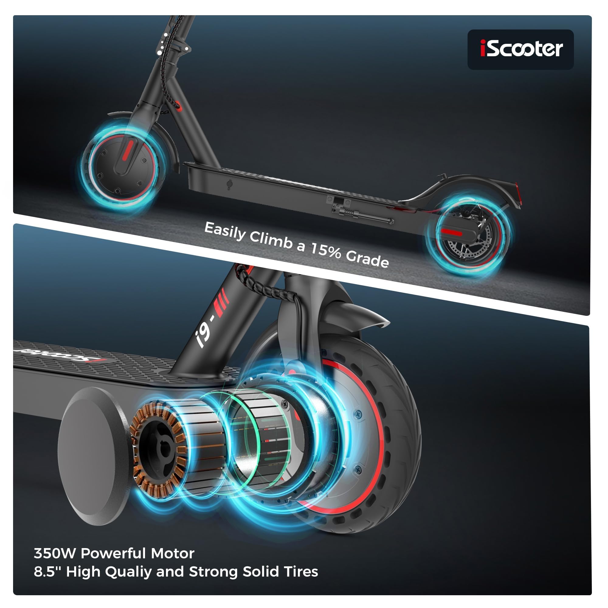 iScooter Electric Scooter, i9 Electric Scooters Adult, 8.5”Solid Tires, 30km Range, 3 Speed Mode, Foldable Electric Scooters with APP, Double Braking System for Adults and Teens