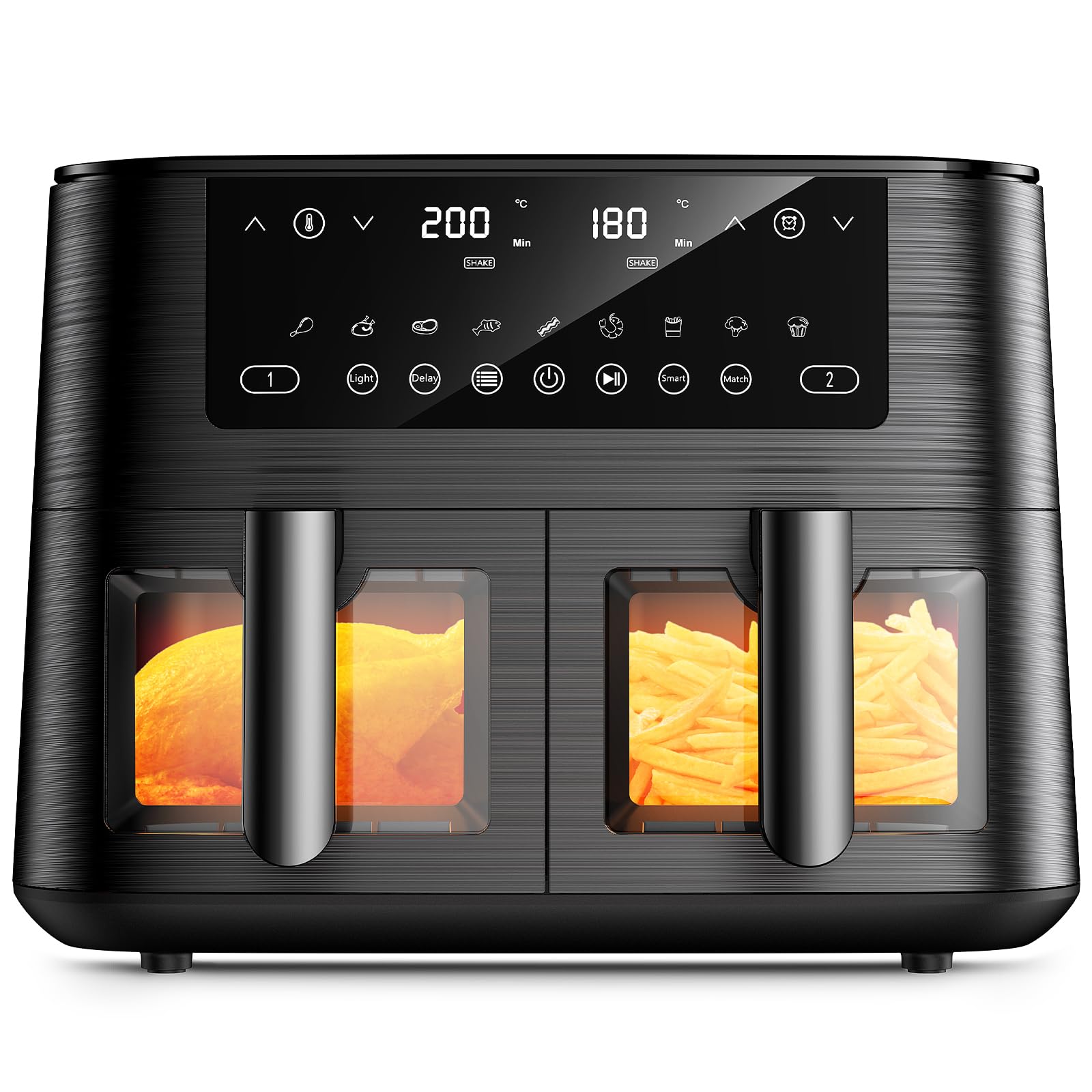 9L Dual Air Fryer with Visual Window, XL Large Capacity, 2 Drawers, 9-In-1 Cooking Presets, Touch Screen, Smart Finish, Timer Function, Dishwasher-Safe, Healthy Oil Free & Low Fat Cooking