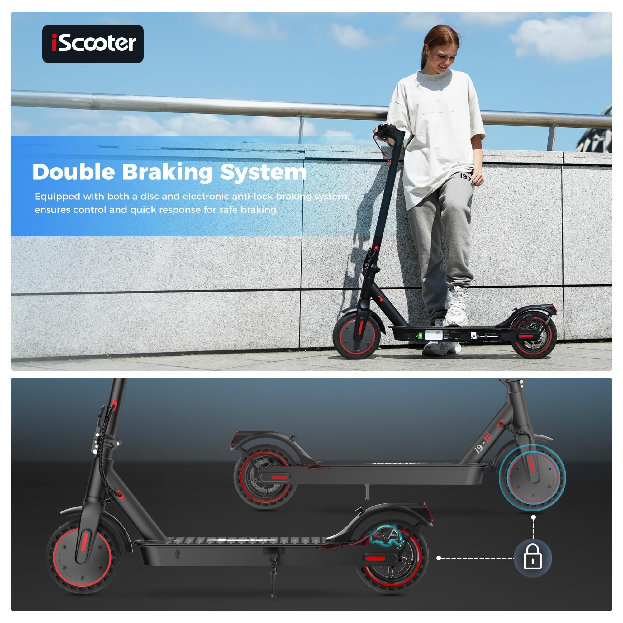 iScooter Electric Scooter, i9 Electric Scooters Adult, 8.5”Solid Tires, 30km Range, 3 Speed Mode, Foldable Electric Scooters with APP, Double Braking System for Adults and Teens